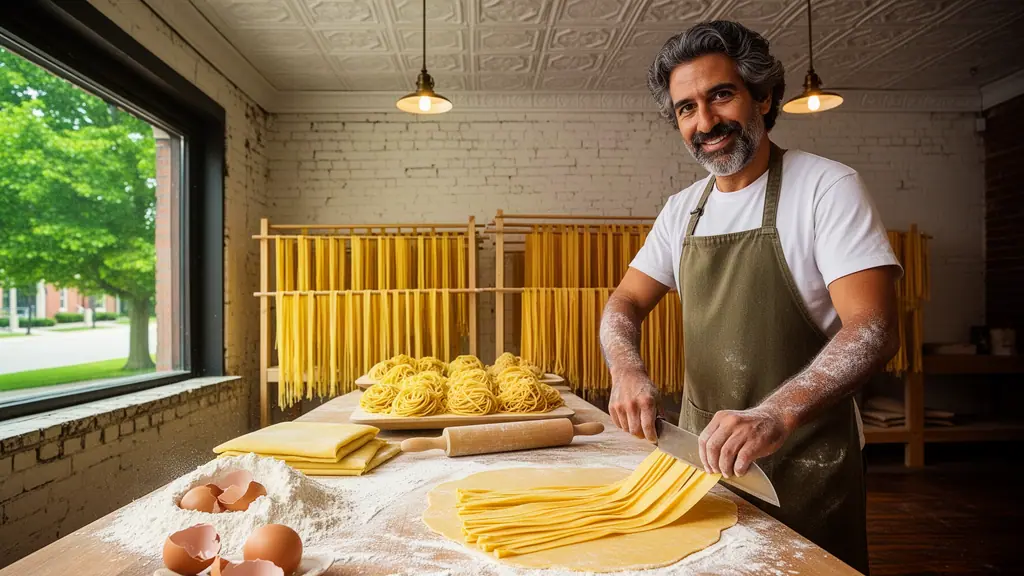 A smiling pasta maker cutting fresh pappardelle on a floured table, wooden racks of drying pasta behind.